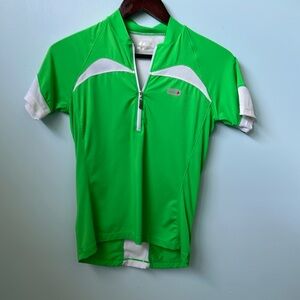 Bright green cycling jersey. Good for running too!